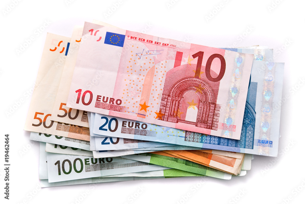Euro banknotes isolated on a white with soft shadows Euro banknotes isolated on a white with soft shadows