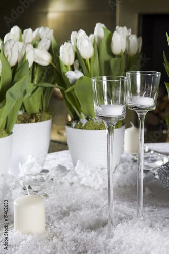 Fototapeta Naklejka Na Ścianę i Meble -  Decoration of dining table for Valentine's Day. White tulip.