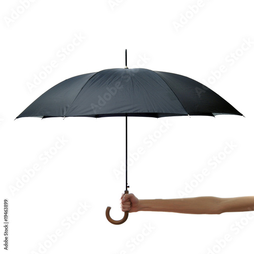 Hand and arm holding black umbrella