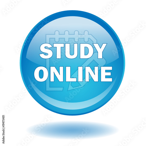 "STUDY ONLINE" round web button (blue - vector - e-learning)
