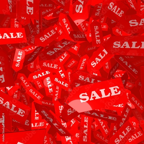 3D Illustration of red SALE tags falling though the air