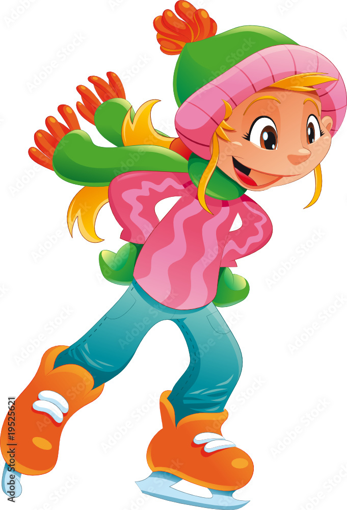 Young ice skater girl. Funny cartoon and vector character. Young ice skater girl. Funny cartoon and vector character.