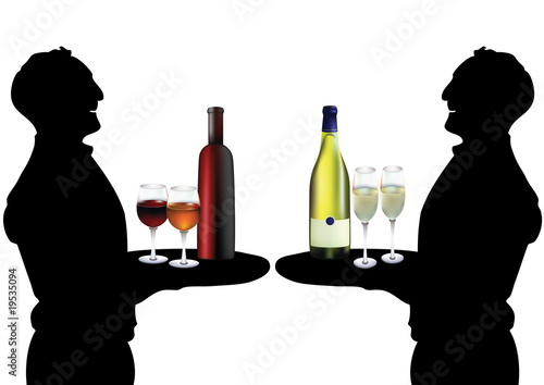 Two silhouettes of waiters with wine and champagne