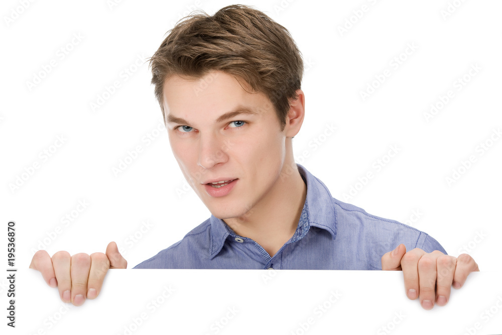 Man holding blank billboard