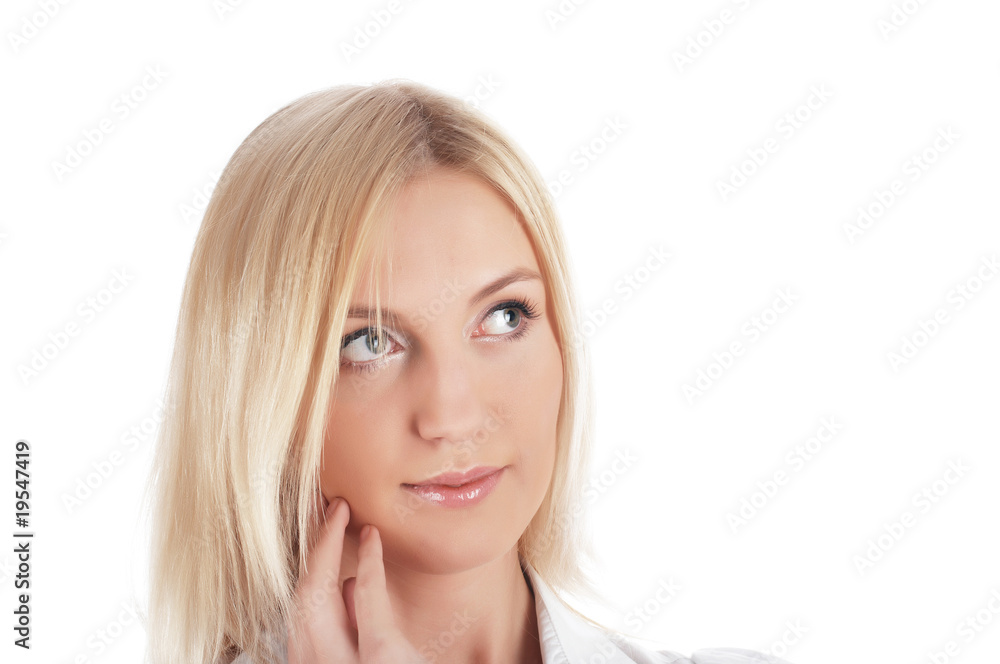 The cheerful charming blonde in a white shirt The cheerful charming blonde in a white shirt
