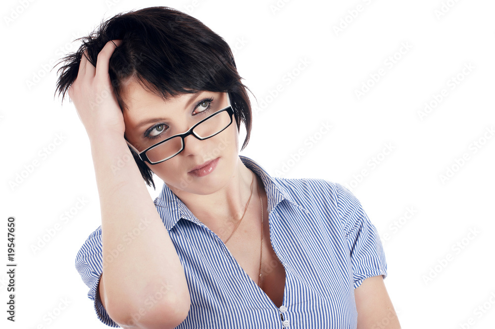 The charming brunette in a blue shirt The charming brunette in a blue shirt