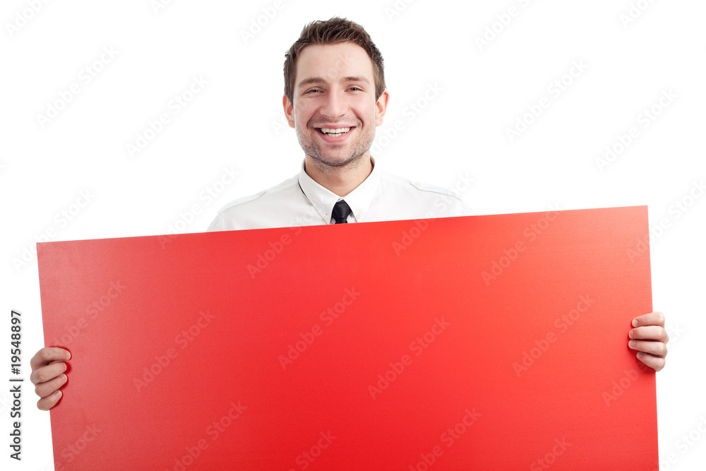Young Businessman with red blank sign smiling Young Businessman with red blank sign smiling
