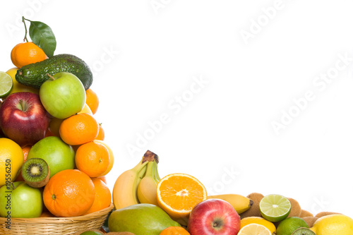 Citrus and tropical fruit on white background