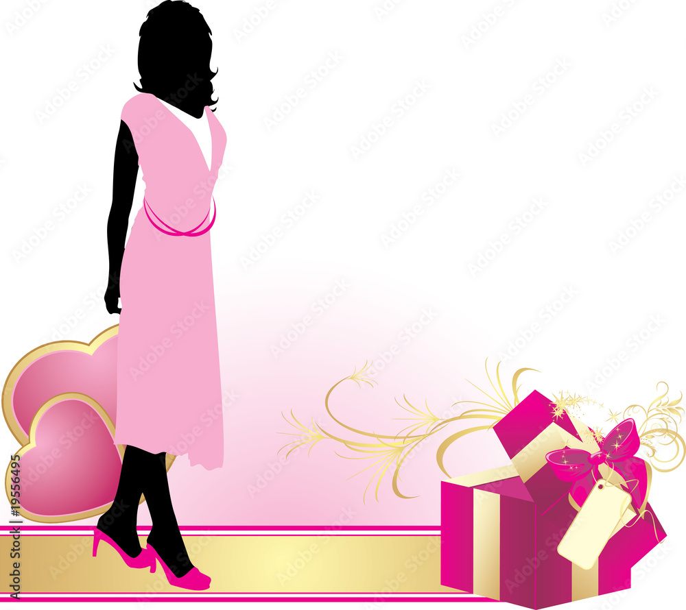 Female silhouette with hearts and decorative pink box. Vector