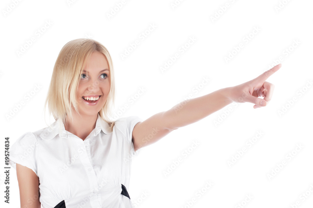 The cheerful charming blonde in a white shirt The cheerful charming blonde in a white shirt