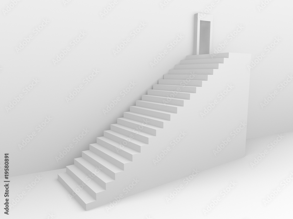 Monochromic 3d rendered image of stair to opened door Monochromic 3d rendered image of stair to opened door
