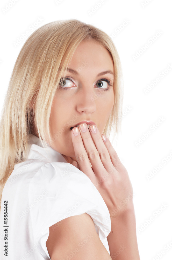 The cheerful charming blonde in a white shirt The cheerful charming blonde in a white shirt