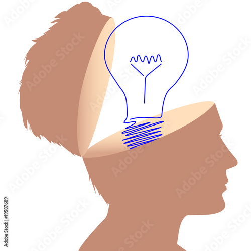 Idea man light bulb drawing in open mind