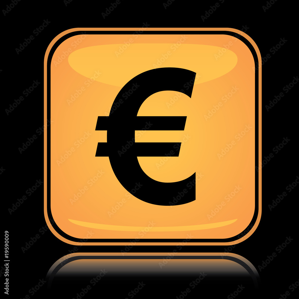 Yellow square icon euro with reflection over black Yellow square icon euro with reflection over black