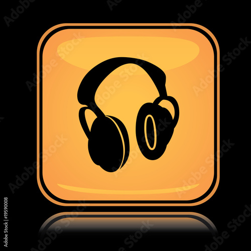 Yellow square icon music earphones with reflection over black