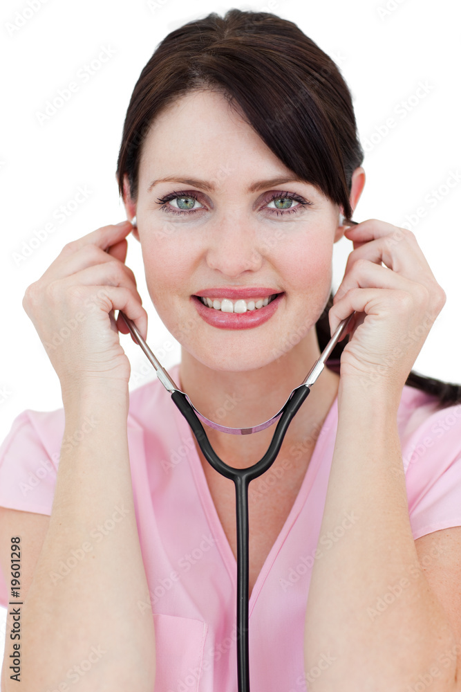 Confident female doctor holding a stethoscope Confident female doctor holding a stethoscope
