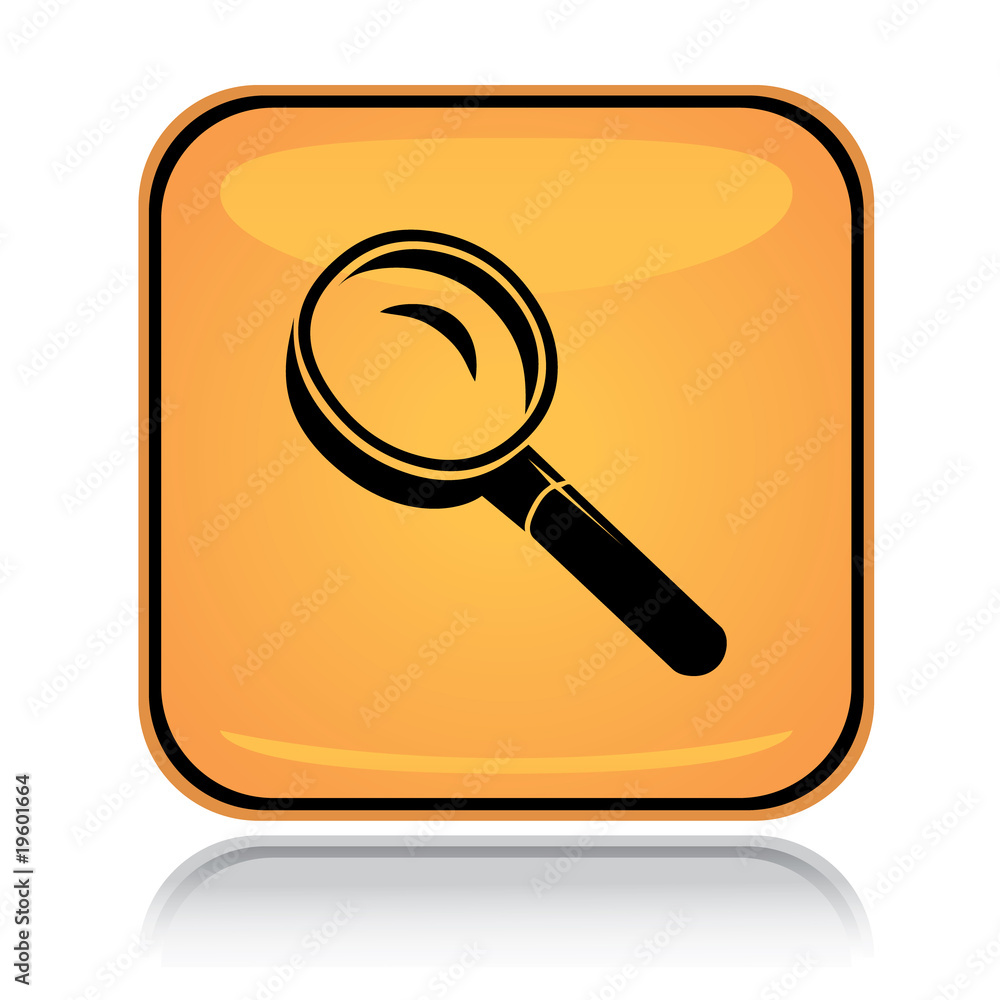 Yellow square icon search glass with reflection over white Yellow square icon search glass with reflection over white