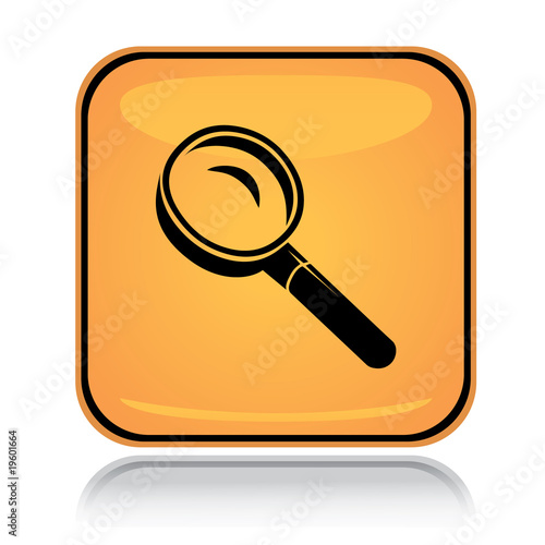Yellow square icon search glass with reflection over white