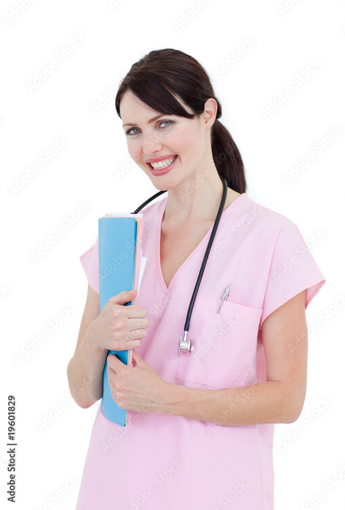 Sparkling female doctor holding patient's folder Sparkling female doctor holding patient's folder