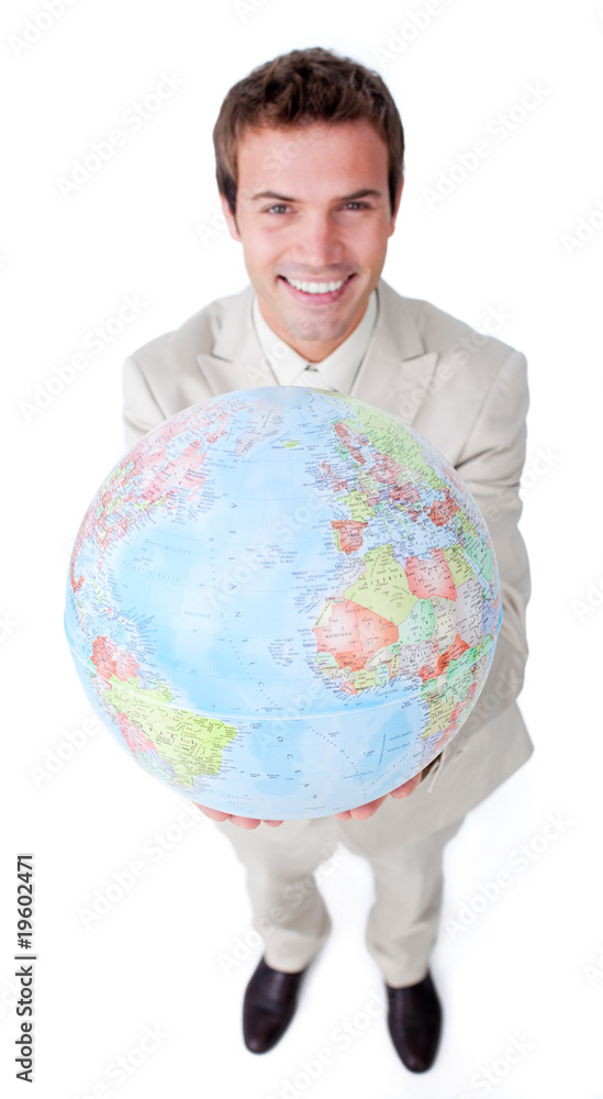 Positive businessman showing a terrestrial globe Positive businessman showing a terrestrial globe