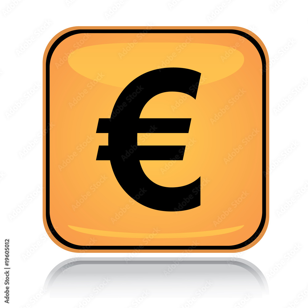 Yellow square icon euro with reflection over white Yellow square icon euro with reflection over white