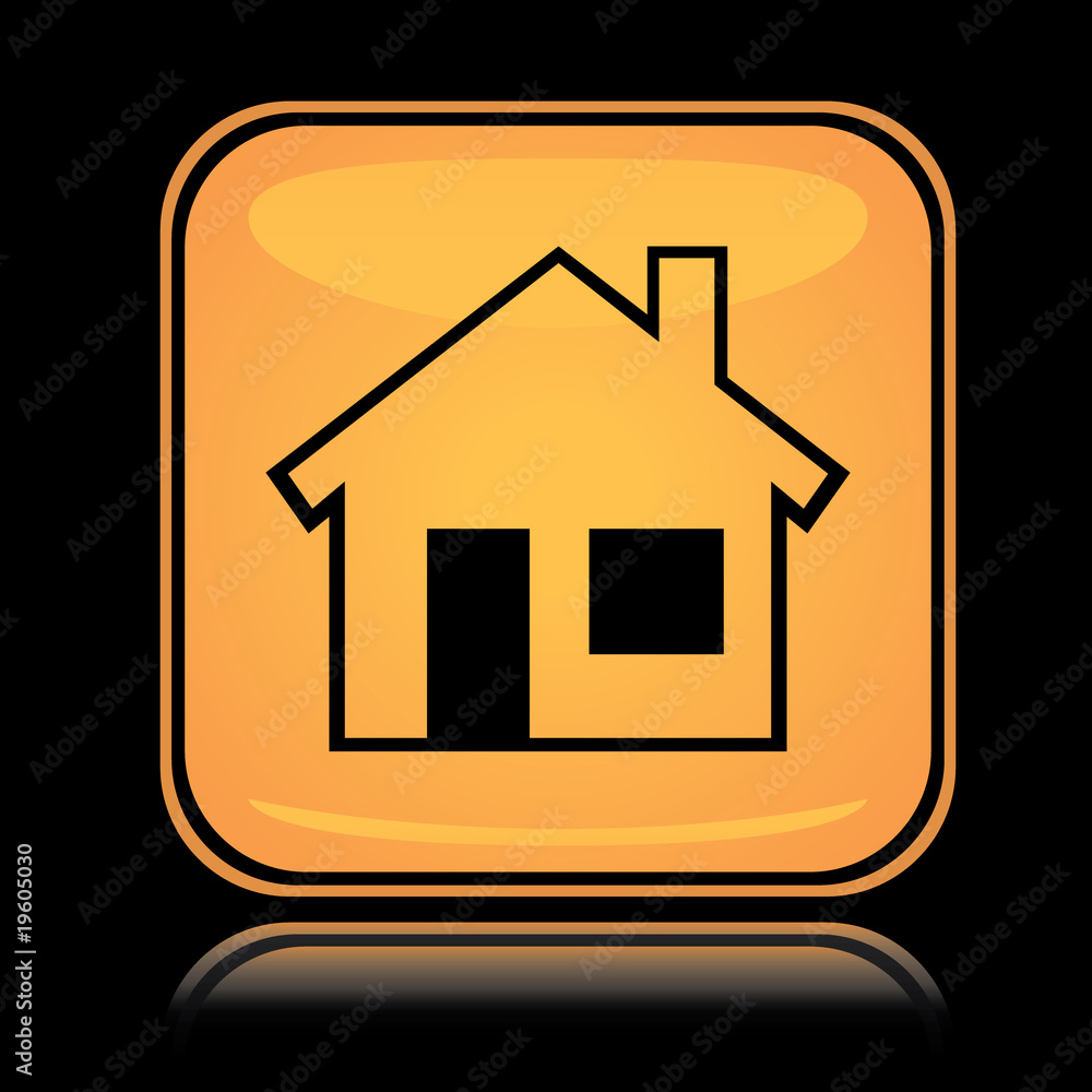 Yellow square icon home icon with reflection over black Yellow square icon home icon with reflection over black