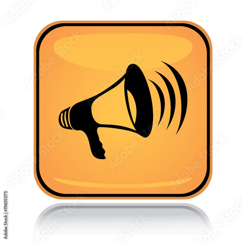 Yellow square icon loud megaphone with reflection over white
