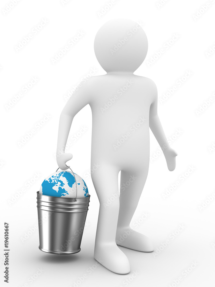 Globe in bucket on white background. Isolated 3D imag