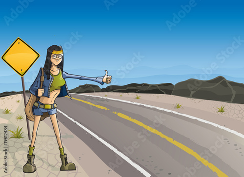 Hippie girl hitchhiking