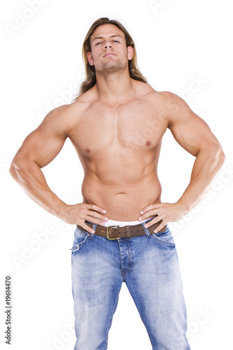 Athletic sexy male body builder with the blonde long hair. gladi