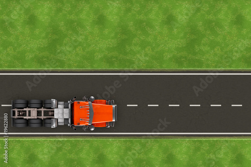 Bird view of red heavy truck on the road