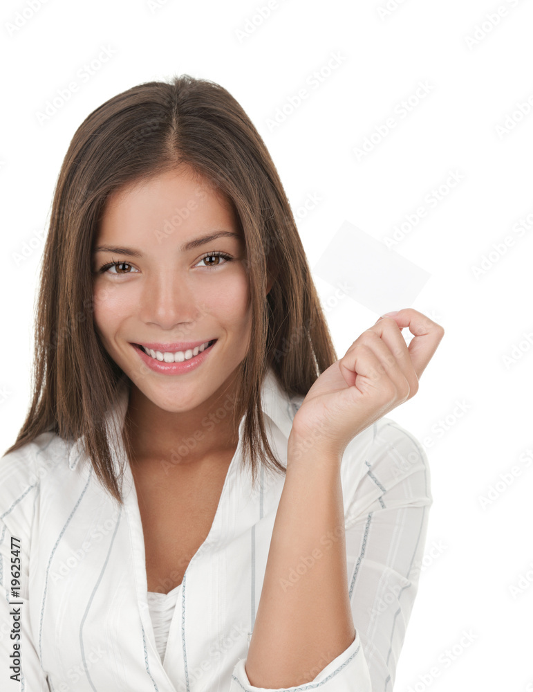 Confident young businesswoman with business card Confident young businesswoman with business card