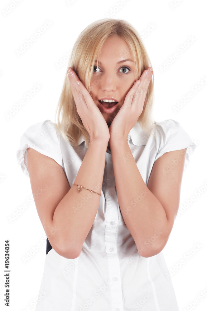 The cheerful charming blonde in a white shirt The cheerful charming blonde in a white shirt