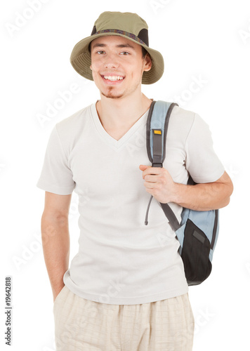 young tourist on white