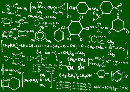 Green blackboard with chemical formulas