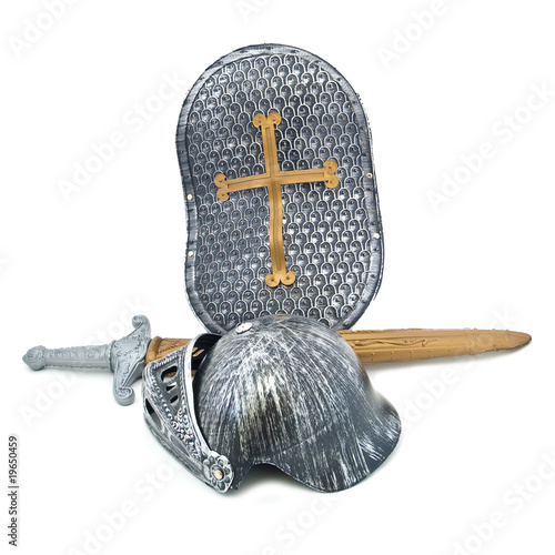 Toy armour of the knight: a board, a sword, a helmet