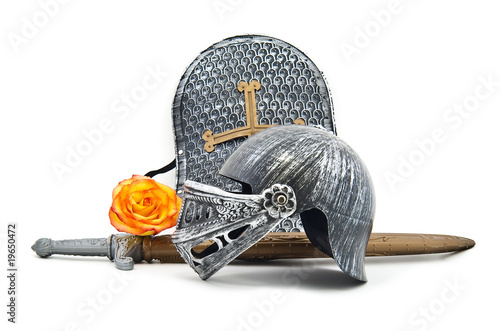 Toy armour of the knight: a board, a sword, a helmet
