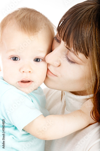 happy mother with baby over white background