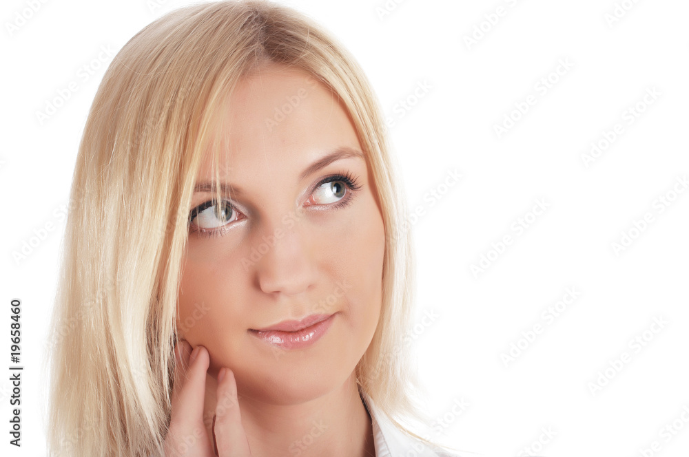 The cheerful charming blonde in a white shirt The cheerful charming blonde in a white shirt