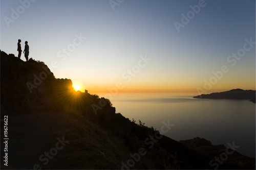 couple together silhouette. Sunset panorama.