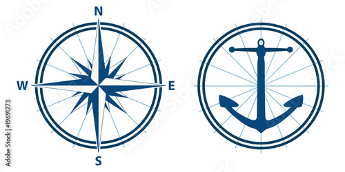 compass and anchor in blue tones, vector mode