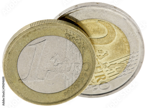 pièces de monnaie, 2 euro, 1 euro fond blanc photo