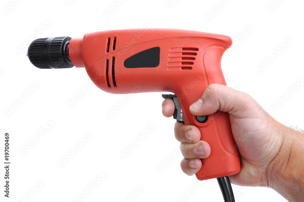 Red screwdrivers in man hand Isolated white Red screwdrivers in man hand Isolated white