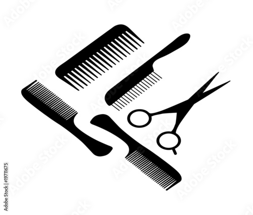 A hair scissors and four combs.
