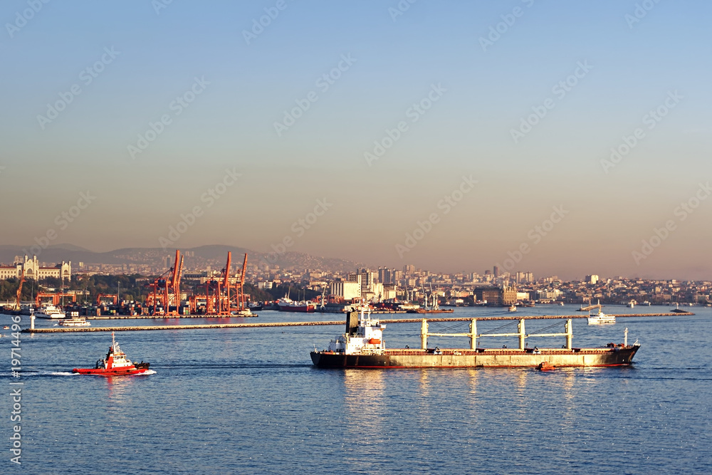 Bulk carrier ship on front of Istanbul commercial harbor