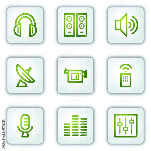 Media web icons, white square buttons series