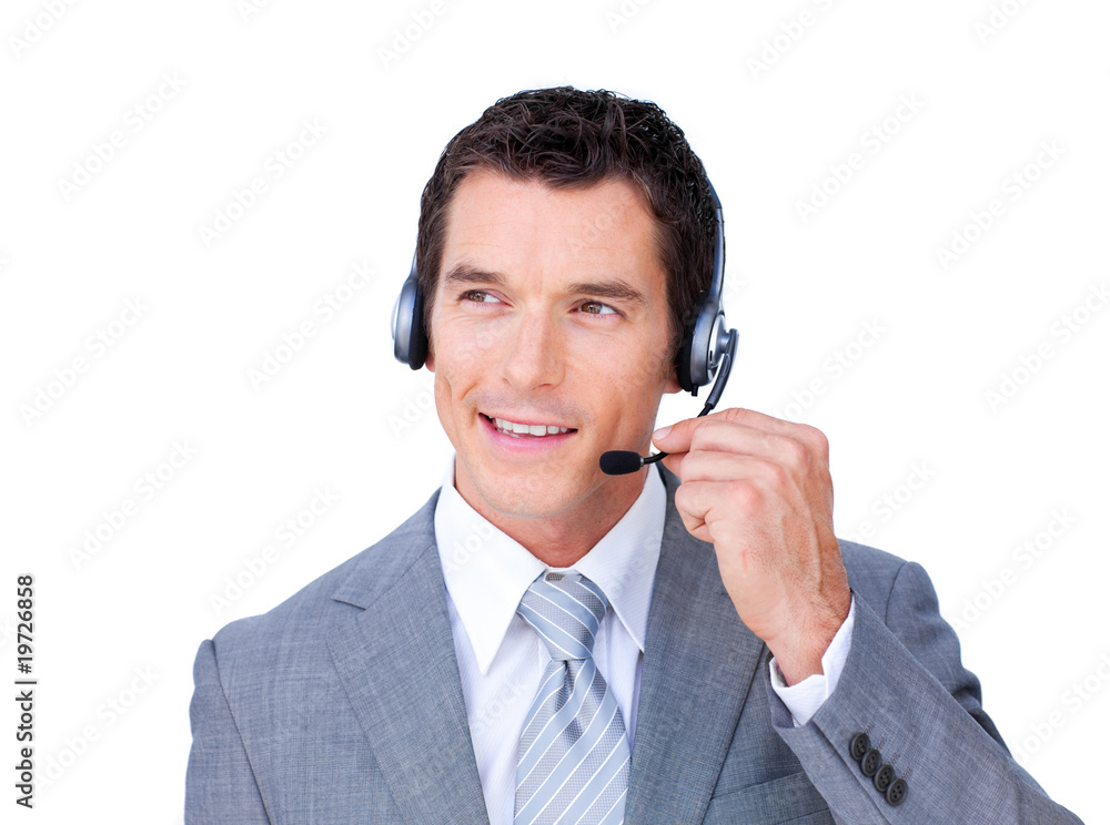 Charming caucasian businessman using headset Charming caucasian businessman using headset