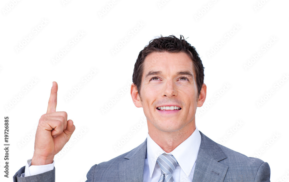 Positive businessman pointing upward Positive businessman pointing upward