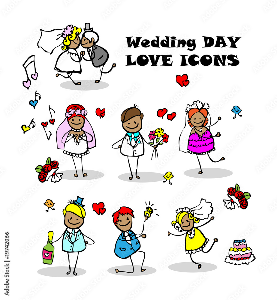 wedding love icons set, kids cartoon design, isolated wed people wedding love icons set, kids cartoon design, isolated wed people