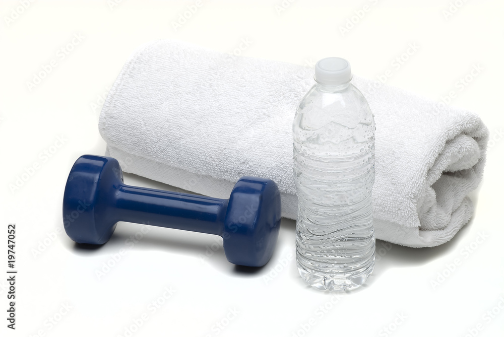 white towel water bottle hand weights Stock Photo Adobe Stock